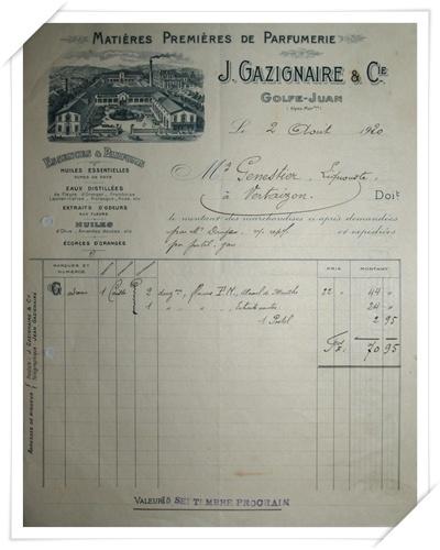 Facture des Ets GAZIGNAIRE (Mati�res Premi�res de Parfumerie)