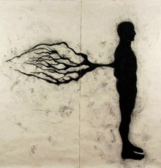 “Cuando estaba allá”, carbón sobre papel amate entelado 240x240cm, 2004. Este dibujo obtuvo una Mención honorífica en la XII Bienal Rufino Tamayo.