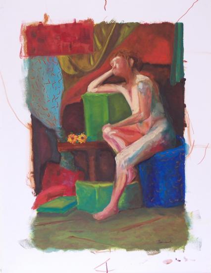 Femme au pouf bleu - Huile sur papier - 65x50 cm - 2009