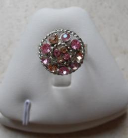 Bague ronde m�tal et strass rose-orange